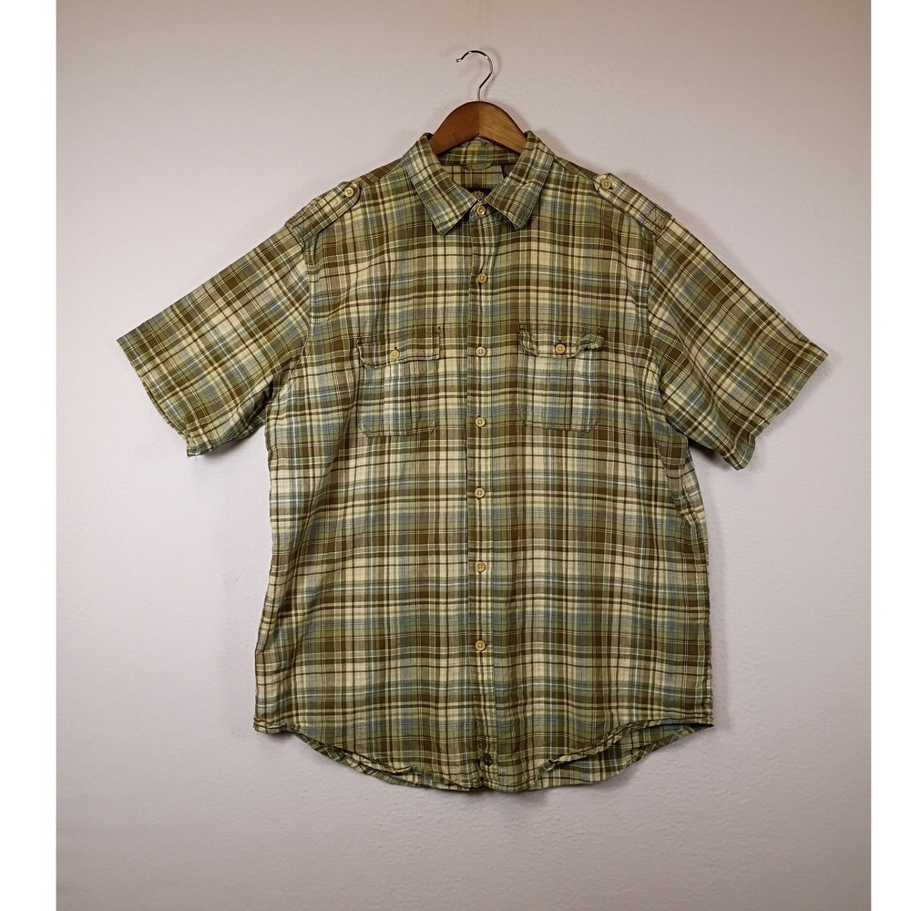 Safari Earthy Timberland Mens Large Green Plaid Linen Blend Epaulet Button Shirt